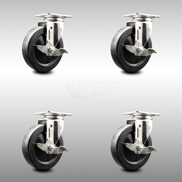 5 Inch 316SS Soft Rubber Wheel Swivel Top Plate Caster Set with Brake SCC